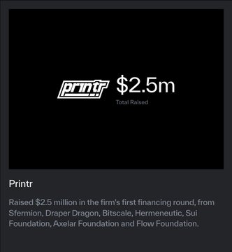The image shows a black graphic announcing that Printr raised $2.5 million in its first financing round from investors including Sfermion, Draper Dragon, Bitscale, Hermeneutic, and Sui Foundation. The post appears to mock Sui supporters by highlighting that Printr secured funding from the Sui Foundation, using it as evidence of legitimate investment in the project.