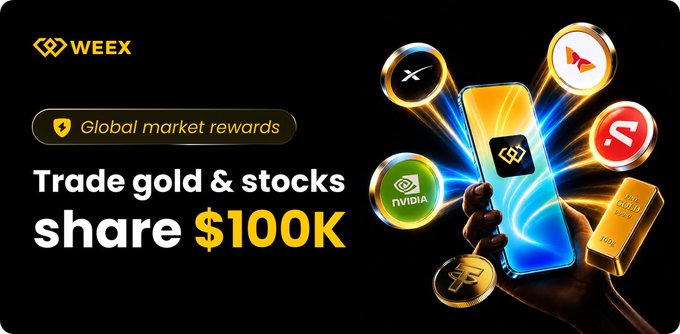 A promotional banner for WEEX's TradFi Season 4 features a hand holding a smartphone surrounded by floating icons of Nvidia, XRP, and other assets, alongside a gold bar, with the text "Global market rewards" and "Trade gold & stocks share $100K," highlighting the $100K prize pool and new user bonuses mentioned in the post.