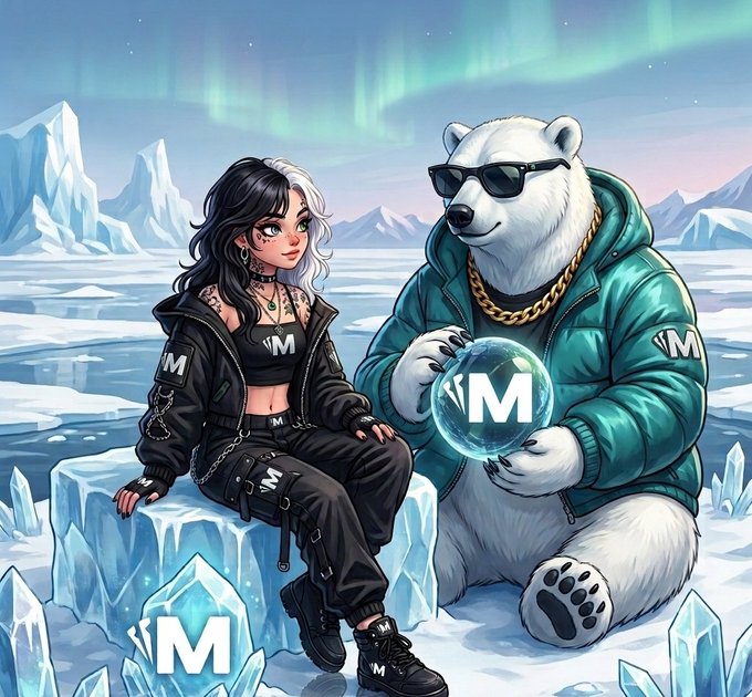 An anime-style illustration of a black and white-haired girl sitting next to a polar bear wearing sunglasses and a teal jacket, holding an orb with the letter 'M' in an icy landscape.