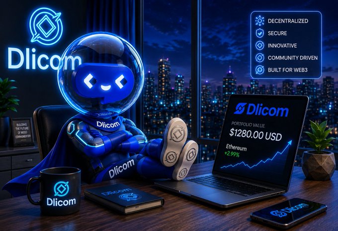 The image features a blue robot with a helmet sitting at a desk next to a laptop computer. There are also two potted plants nearby, one of which has a plant pot labeled "DlicomApp" written on it. The background shows a city skyline and neon signs for Dlicom, indicating that the scene is set in an urban environment.