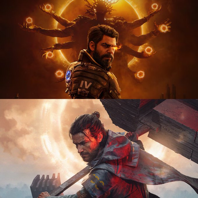 Two men with beards appear in dramatic, apocalyptic-themed digital art, both featuring the Roman numeral "IV" on their armor and set against fiery, apocalyptic backdrops with multiple arms and glowing symbols. The imagery suggests a video game scene featuring intense combat or otherworldly conflict, fitting the hashtags #Saros and #ControlResonant, which appear to reference new game releases being celebrated.