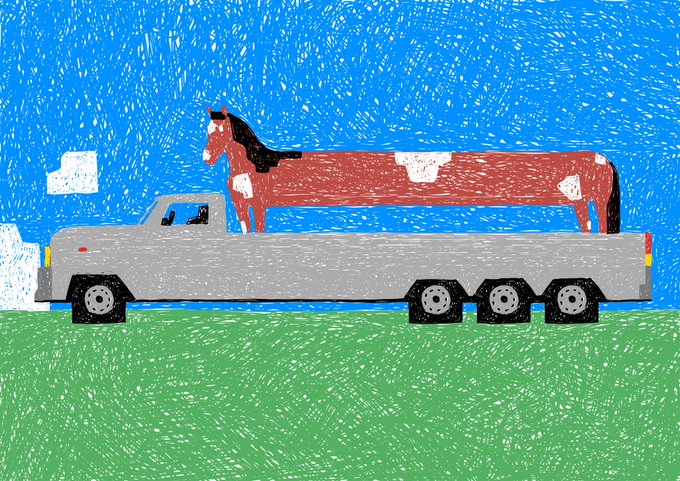 A colorful child-like crayon drawing depicting a brown horse being transported on top of a long gray truck with multiple wheels against a blue sky and green grass.