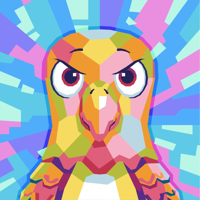 A vibrant geometric/polygonal style digital illustration of an eagle or bird of prey with intense eyes against a colorful blue and pink background.