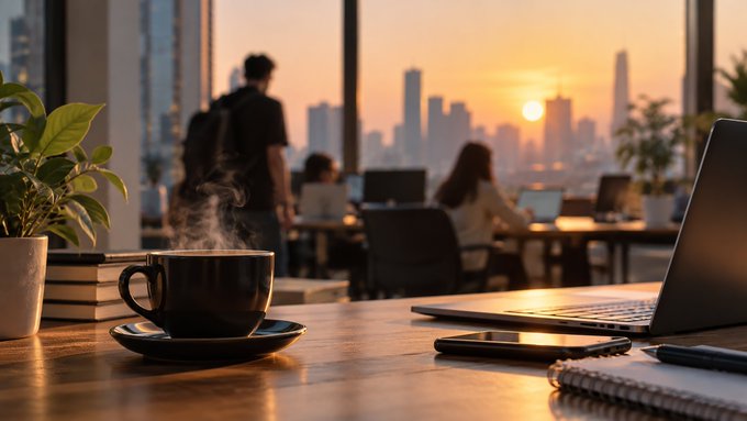 A steaming cup of coffee sits on a wooden desk beside a laptop, smartphone, and potted plant, with a coworker visible in the background against a sunset city skyline.