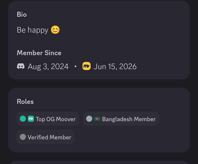 The image contains an email screenshot with an attached post from @moovexyz Discord community. The message starts with a greeting "Be happy," followed by encouraging words, stating that they are part of a group that's building the future of self custody and seamless Web3 payments. The post mentions their roles, including one being the verification member for the top OG moover role.