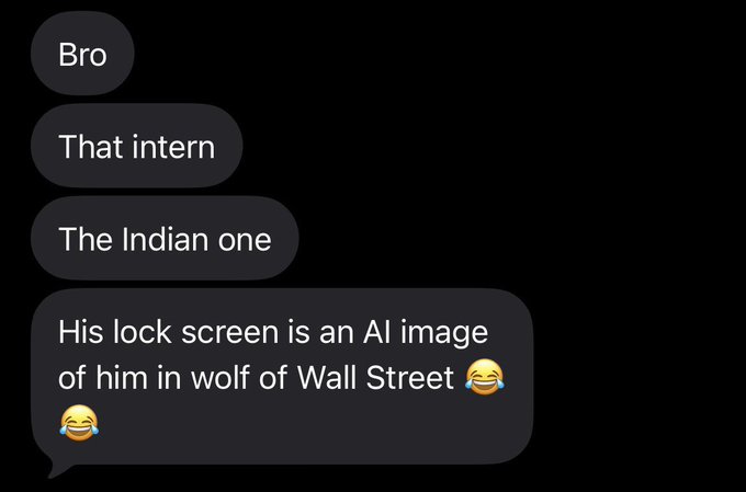 A dark-themed chat conversation joking about an intern whose lock screen is an AI image of himself in Wolf of Wall Street, with laughing emojis.
