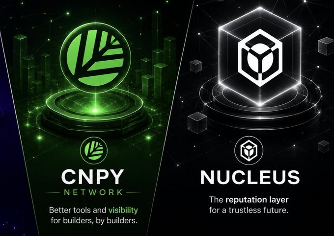 A promotional graphic displays two logos side-by-side: 'CNPY NETWORK' (described as 'Better tools and visibility for builders, by builders') and 'NUCLEUS' (described as 'The reputation layer for a trustless future').