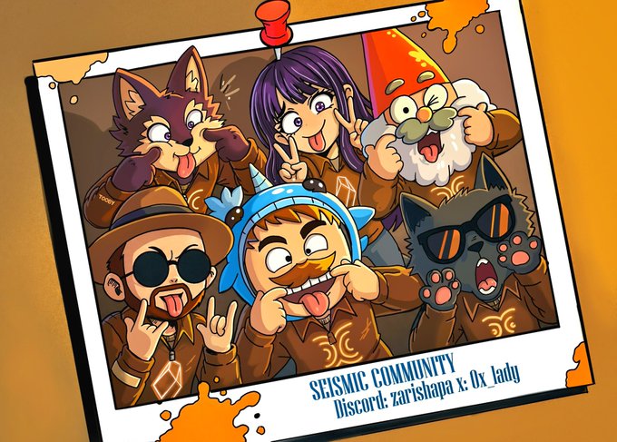 A polaroid-style illustration shows five quirky anime-inspired characters (including a wolf, a girl with purple hair, a gnome, a fish in a hood, and a black cat) posing playfully together, with text reading "SEISMIC COMMUNITY / Discord: zarishapa x: 0x_lady" — visually capturing the "maximum chaos and fun" vibe described in the post about the Seismic community members.