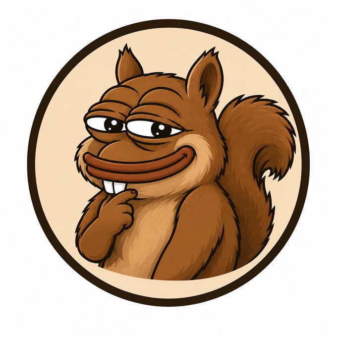 Cartoon illustration of a brown squirrel with a smug expression, hand on chin, framed in a brown circle on a cream background.