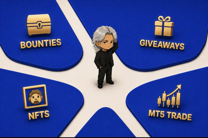 A chibi-style character with silver hair in a black suit stands at the center of a four-section diagram labeled 'BOUNTIES,' 'GIVEAWAYS,' 'NFTS,' and 'MT5 TRADE' on a blue and beige background.