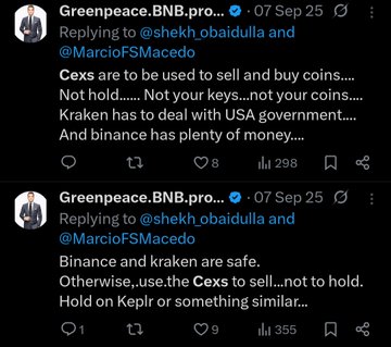 Two tweets from the "GreenpeaceBNB.pro" X account dated September 7, 2025, advising followers that centralized exchanges like Kraken and Binance are safe for trading but not for holding crypto, suggesting self-custody wallets instead. The tweets reinforce the accompanying post's emphasis on education over hype, pushing the $lunc community to rely on facts and join GreenpeaceUNITED.