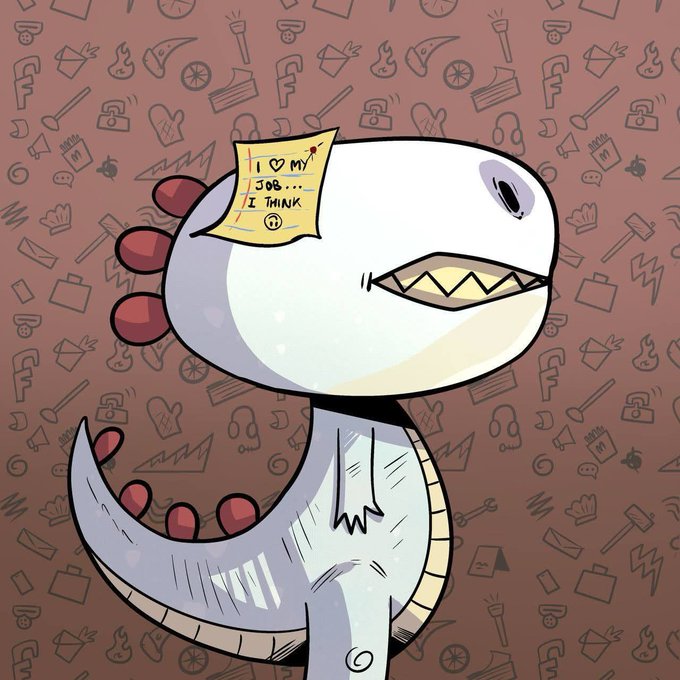 A cartoon illustration of a white and purple dinosaur with a sticky note on its head reading 'I ❤️ MY JOB... I THINK', set against a patterned pink background.