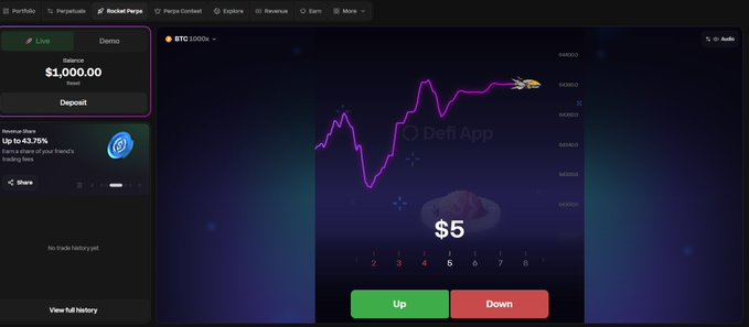 Screenshot of the Rocket Paypa prediction market interface showing a BTC/USD trading chart with 'Up' and 'Down' prediction buttons and a $5 bet amount.