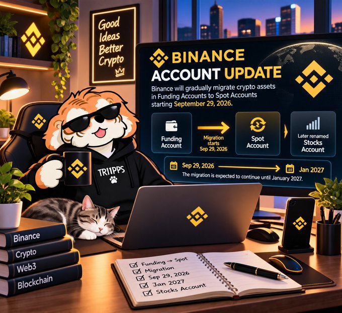 A digital illustration featuring a dog mascot in a 'TRIPPS' hoodie alongside a 'BINANCE ACCOUNT UPDATE' announcement about migrating crypto assets from Funding Accounts to Spot Accounts starting September 29, 2026.