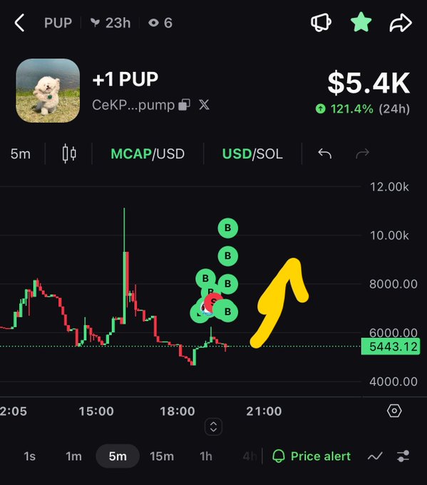 Mobile meme token chart for PUP showing +121.4% gain in 24h at $5.4K MCAP, with multiple buy bubbles (B) clustered around 21:00 and a yellow arrow pointing upward.