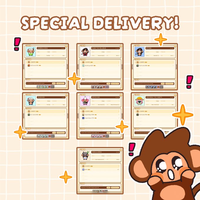 A promotional graphic titled 'SPECIAL DELIVERY!' displaying seven character profile cards in a grid layout, featuring a cartoon monkey character in the bottom right corner, with exclamation marks and sparkles decorating the cream-colored background.