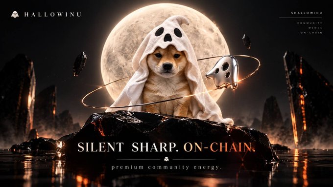 A promotional graphic features a Shiba Inu dog wearing a white ghost costume against a full moon, with the text "HALLOWINU," "SILENT. SHARP. ON-CHAIN.," and "COMMUNITY MEMES ON-CHAIN."