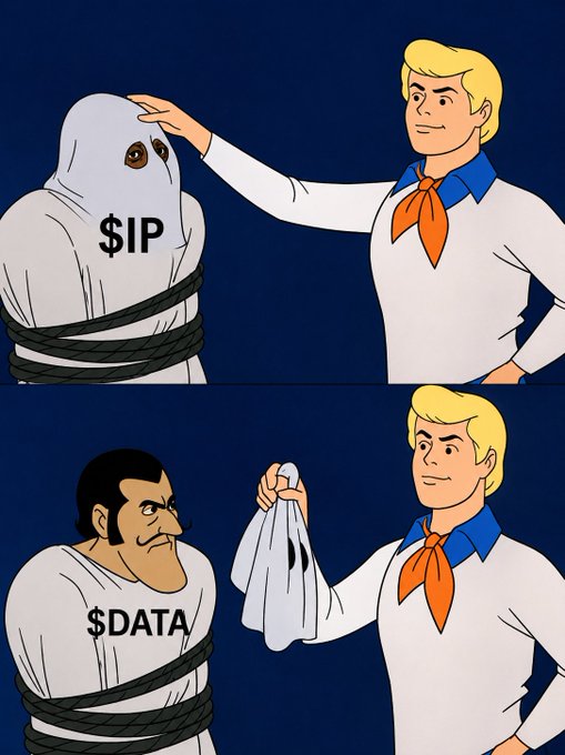 Fred from Scooby-Doo unveils the $DATA token as the real identity behind a ghost labeled $IP, symbolizing $DATA's emergence as the genuine project while $IP was a mere disguise.