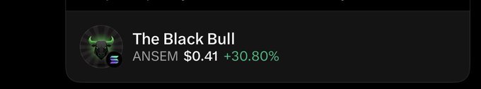 The image shows a profile card for "The Black Bull" displaying the Solana token ticker "ANSEM" at a price of $0.41 with a +30.80% gain. This relates to the celebratory post marking ANSEM's $400M market cap milestone, highlighting the token's strong upward momentum.