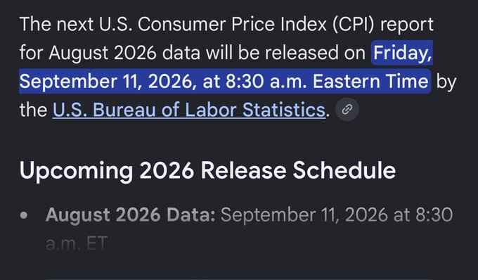 A text announcement states the next U.S. Consumer Price Index (CPI) report for August 2026 data will be released on Friday, September 11, 2026, at 8:30 a.m. Eastern Time by the U.S. Bureau of Labor Statistics, under the heading 'Upcoming 2026 Release Schedule.'