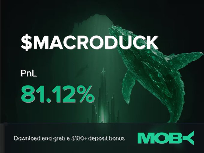 A dark green graphic features a crystal-like whale alongside the text "$MACRODUCK" and a PnL of 81.12%, promoting a Moby Mobile trading alert with a $100+ deposit bonus offer. The image visually celebrates the trader's gain referenced in the post about closing a position on the trending token MACRODUCK.