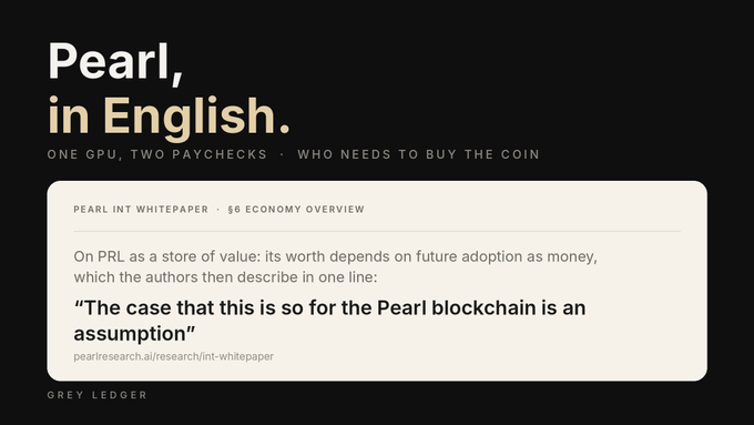 A black and tan graphic titled 'Pearl, in English' discussing 'One GPU, Two Paychecks' and 'Who Needs to Buy the Coin,' featuring a quote from the Pearl INT whitepaper's $6 Economy Overview.