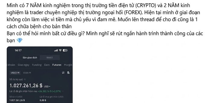 The image shows a Vietnamese social media post where the user claims 7 years of experience in crypto and 2 years in forex trading, displaying a Binance portfolio screenshot showing a balance of $1,027,261.26 USD (+$28,382.16, +2.57%) in their "Sàn giao dịch" (Exchange) tab. The post asks followers to share their own years of experience and current assets, using the portfolio as proof of their trading success.