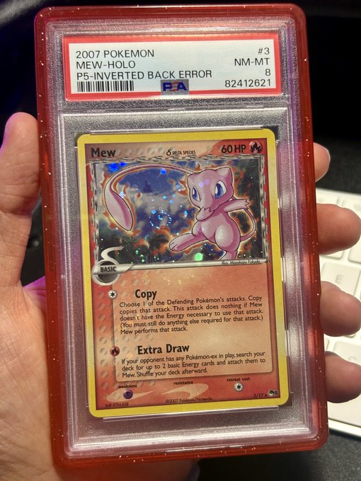 A PSA-graded Mew-Holo #3 Mew Pokemon card from the 2007 set, graded 8 NM-MT with the P5-Inverted Back Error, featuring the 'Copy' and 'Extra Draw' attacks.