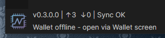 A screenshot of a wallet notification displays "v0.3.0.0 | ↑3 ↓0 | Sync OK" with a message reading "Wallet offline - open via Wallet screen," showing users that their wallet software is outdated and prompting them to upgrade before the upcoming July 21st Hard Fork 13.