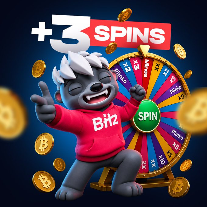 A BitZ casino promotional graphic features a 3D hyena mascot wearing a red 'BitZ' hoodie next to a colorful spinning wheel, offering '+3 SPINS' and showing segments labeled with multipliers (x2, x3, x5, x10) and games (Plinko, Mines).