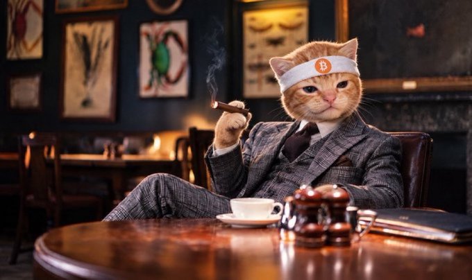 An orange cat wearing a gray plaid suit, tie, and white headband with a 'B' logo smokes a cigar while sitting at a wooden table with a coffee cup and laptop in a dimly lit lounge.