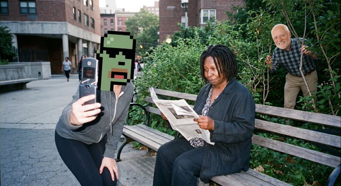 The image shows a woman sitting on a bench, reading a newspaper while another person takes her photo with their cell phone. The scene appears to be set outdoors, possibly at a park or public area. The text "GM new on @objktcom 100% Accidentally Directed. Episode #127 1/1 : 100" is present in the image as well.