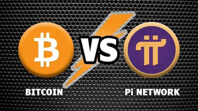 The image features a stylized comparison graphic showing the Bitcoin logo (orange circle with "₿") on the left and the Pi Network logo (purple circle with "π" symbol) on the right, separated by a bold "VS" text with a lightning bolt design. The graphic is set against a dark mesh background and is labeled "BITCOIN" and "PI NETWORK" beneath each respective coin, perfectly illustrating the post's question of choosing between the two cryptocurrencies.