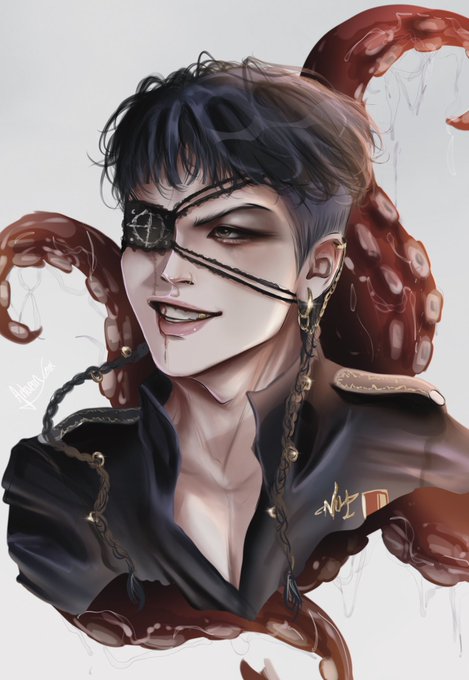 A dark-haired figure with a sinister grin wears a black eyepatch adorned with a ship's wheel symbol, while massive blood-red octopus tentacles coil around his shoulders and drip with slime, visually embodying the "KRAKEN" theme as a menacing pirate captain merged with the legendary sea monster.