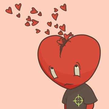 An anthropomorphic heart character with a cracked top sheds smaller heart shapes while wearing a black shirt with a yellow crosshair logo, symbolizing emotional exhaustion—fitting the caption's lament about a grueling work week and coping by collecting ETH NFTs like ones from @LT3NFT and @SHGFees.