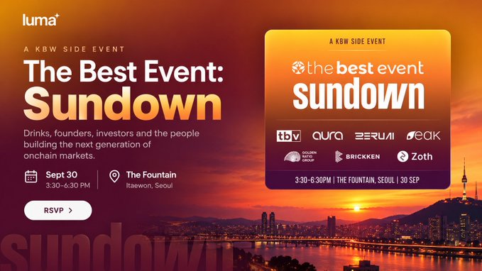 A promotional banner for 'Luma' advertising a KBW side event called 'The Best Event: Sundown' on Sept 30 from 3:30-6:30 PM at The Fountain, Itaewon, Seoul, featuring sponsors like TBV, AURA, ZERUI, PEAK, Golden Gate, Brickken, and Zoth.