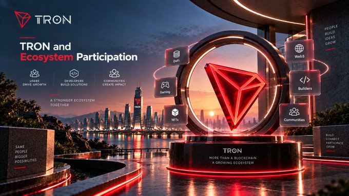A promotional graphic for TRON blockchain featuring the tagline 'TRON and Ecosystem Participation' with sections for Users, Developers, Communities, DeFi, Gaming, NFTs, Web3, Builders, and 'A STRONGER ECOSYSTEM TOGETHER.'