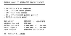 A terminal output showing a 'HORNWOOD CHAIN TESTNET' solidity contract deployment summary: 'Solidity 0.8.24 compiled, 15 / 15 EVM tests passed, 256 fuzz runs passed, 27 / 27 protocol guards passed, 0/0 No Actions given' with run details including '#2187' and mBUBBLE burned of 250,000.