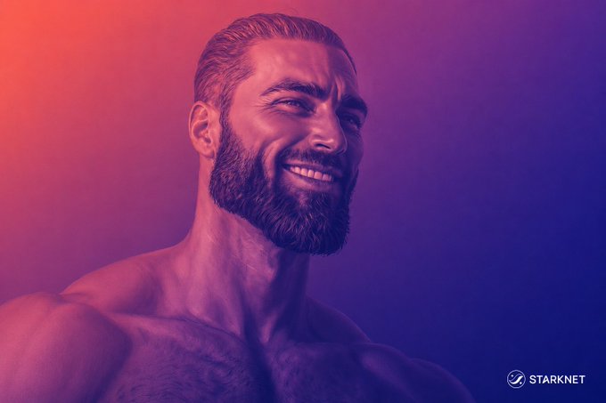 The image features a man with a beard, wearing no shirt or top, standing against a purple background. He has a large smile on his face as he looks at the camera. The caption of the image reads "Average Bitcoiner after shielding BTC on Starknet." This suggests that the man might be involved in the world of cryptocurrency and is likely promoting it through this image.