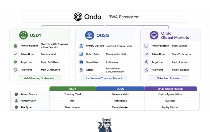 The image displays the Ondo RWA (Real World Asset) Ecosystem, showcasing three distinct products: USDY (a yield-bearing stablecoin backed by short-term U.S. Treasuries and bank deposits for DeFi users), OUSG (an institutional treasury product with permitted $5,000 minimum, offering money market yield via tokenized Treasury funds), and Ondo Global Markets (a tokenized equities offering for investors seeking public equity exposure). The accompanying post clarifies that while these three Ondo Finance products are often grouped together as "yield-bearing stablecoin alternatives," they actually serve fundamentally different purposes—USDY targets conservative DeFi users with conservative risk, OUSG serves institutions with money market exposure, and Ondo Global Markets provides equity market exposure to investors.