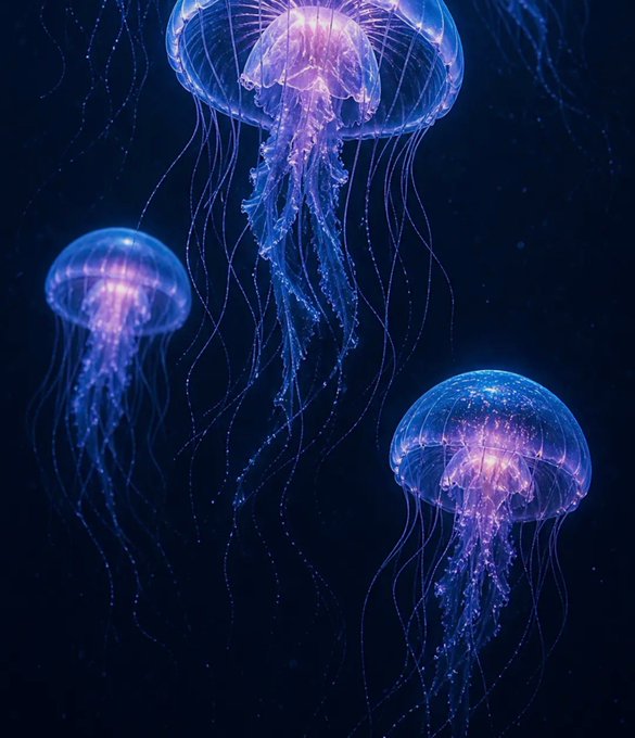 A digital artwork depicting three glowing blue and purple jellyfish floating in dark underwater surroundings.