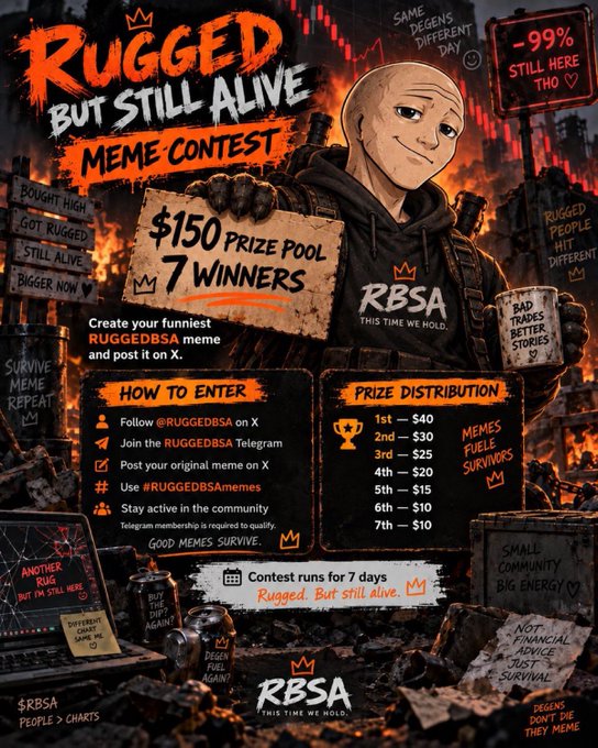 A promotional graphic for the 'RUGGED BUT STILL ALIVE MEME CONTEST' by RBSA, featuring a stylized character holding a '$150 PRIZE POOL' sign, with details on how to enter and a prize distribution list (1st — $40 down to 7th — $10), set against a fiery background.