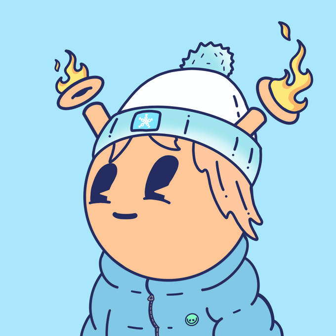 An illustration of a cartoon character wearing a light blue hoodie and a white beanie with flames behind their head, featuring a small smiley face button on the hoodie.