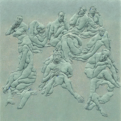 A surreal artwork depicting multiple intertwined human figures arranged in an abstract, sculptural composition with a pale blue-green color palette.