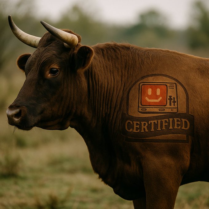 A brown cow with horns stands in a field, bearing a 'CERTIFIED' stamp on its side featuring a smiley face on a retro monitor.