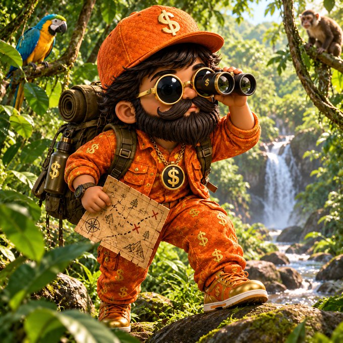 A stylized 3D cartoon illustration of a bearded character in orange dollar-sign covered clothing, using binoculars and holding a treasure map in a jungle setting with a parrot and monkey.