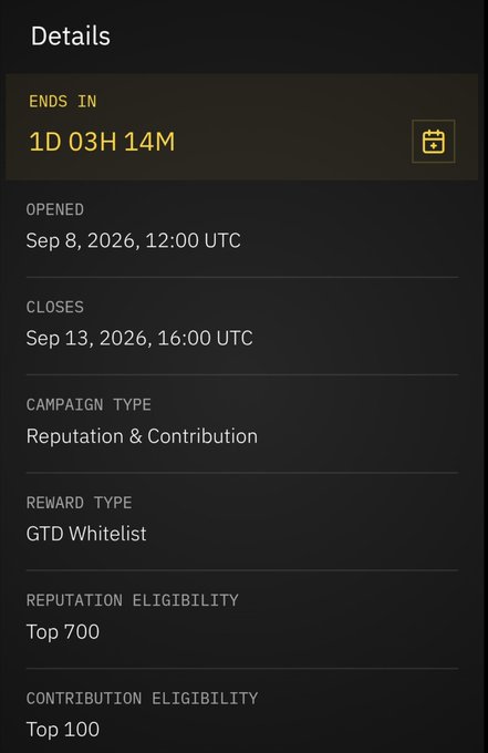 A 'Details' screen showing a campaign 'ENDS IN 1D 03H 14M,' opened Sep 8, 2026, with Top 700 reputation and Top 100 contribution eligibility.