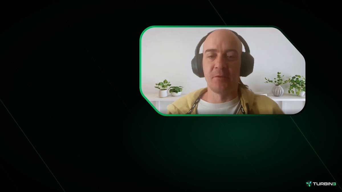 The image shows a man wearing headphones with his eyes closed while sitting in front of a computer screen. The background features a black square frame that has a green border, and there are two potted plants visible behind him. The caption below the image reads "Meet KOX 15 years in banking & finance. He'd been searching for a serious path into @solana since 2021. Then he joined Turbin3. Today: → Tech Lead at @BioProtocol → Ships launchpads, backend infrastructure, indexing, and more → Builds the rails for DeSci".