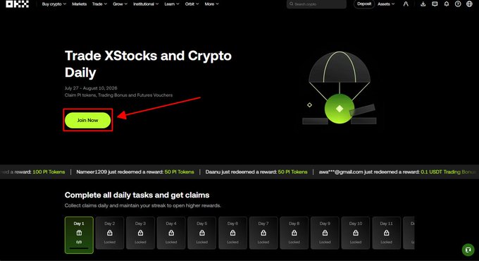 An OKX promotional webpage advertises 'Trade XStocks and Crypto Daily' with a 'Join Now' button highlighted by a red box and arrow.