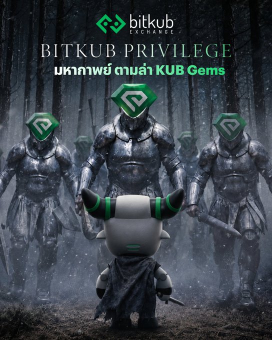 A small masked cartoon figure stands facing three imposing armored knights in a misty forest, with the Bitkub Exchange logo and "BITKUB PRIVILEGE" text above, promoting a hunt for "KUB Gems." The imagery reinforces the post's message that obstacles are meant to be overcome as part of an epic quest.